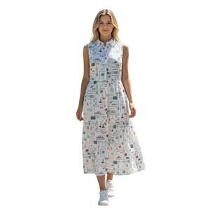 J.Crew Postcard Print Midi Dress Women 6 white Coastal Vacation Sleeveless
